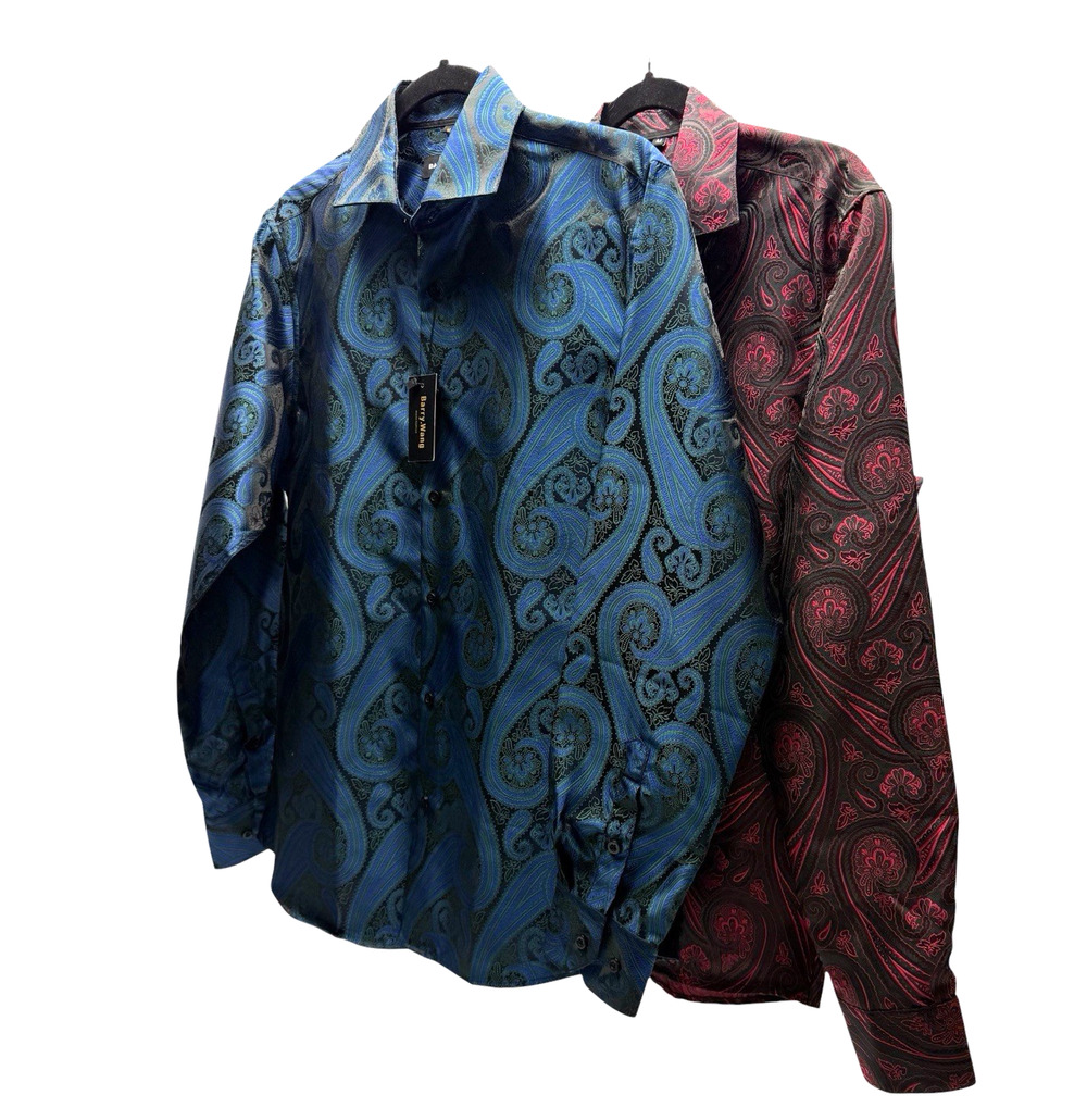 Barry Wang Paisley Dress Shirts Lot 2 Men's Medium Blue Red Button Front